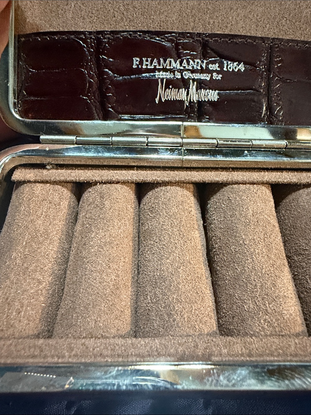 Neiman Marcus Brown Leather Jewelry Case with Silver Hardware